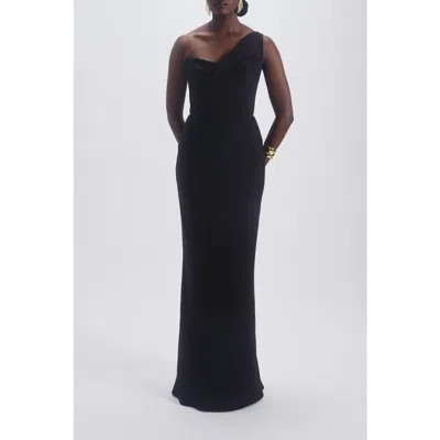 Amsale One Shoulder Draped Gown In Black