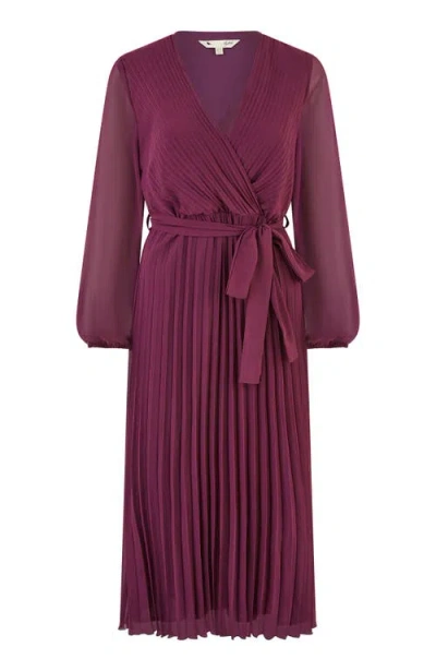 Yumi Long Sleeved Pleated Midi Wrap Dress In Purple