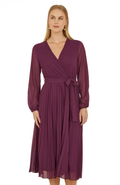 Yumi Long Sleeved Pleated Midi Wrap Dress In Purple