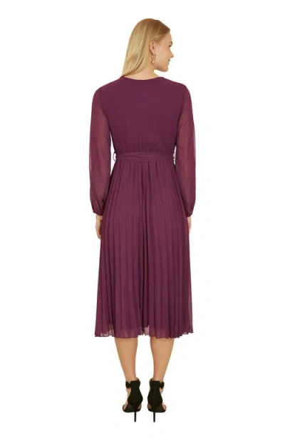 Yumi Long Sleeved Pleated Midi Wrap Dress In Purple