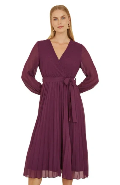 Yumi Long Sleeved Pleated Midi Wrap Dress In Purple