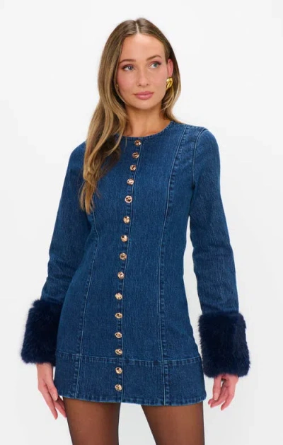Show Me Your Mumu Rockefeller Mini Dress With Faux Fur In Blue In Multi