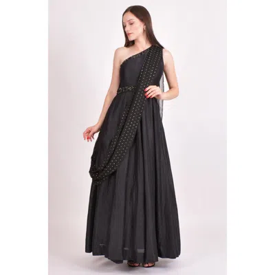 Raas Oni One Shoulder Embroidered Saree Gown In Black