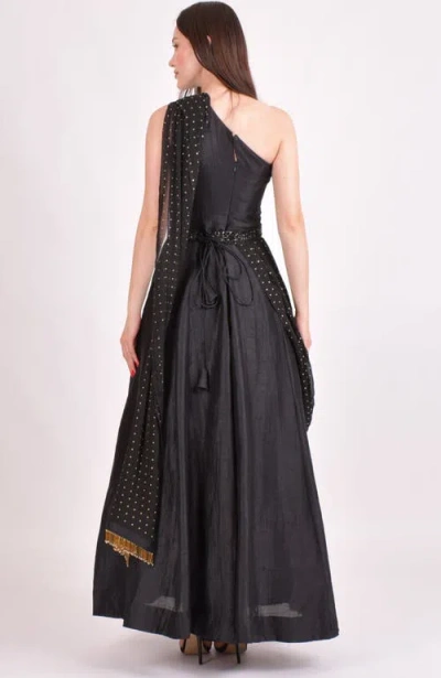 Raas Oni One Shoulder Embroidered Saree Gown In Black
