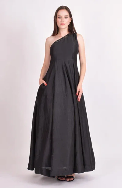 Raas Oni One Shoulder Embroidered Saree Gown In Black