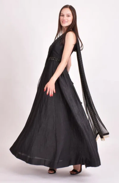 Raas Oni One Shoulder Embroidered Saree Gown In Black