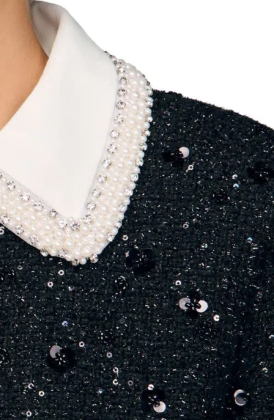 Sandro Womens Black Cropped Rhinestone-embellished Tweed Jacket In Black