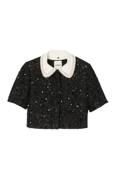 Sandro Womens Black Cropped Rhinestone-embellished Tweed Jacket In Black