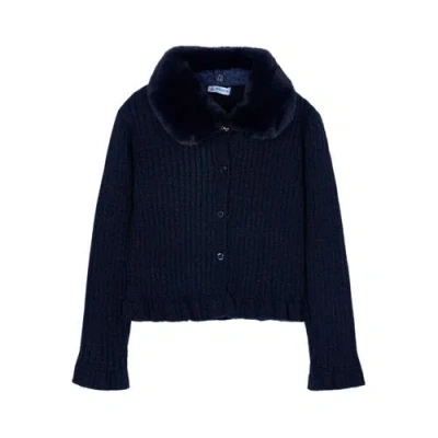 Mayoral Cardigan With Faux Fur Collar In Black
