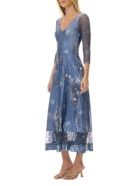 Komarov Paisley Charmuese Dress With Lace Sleeves In Blue