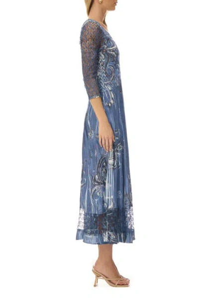 Komarov Paisley Charmuese Dress With Lace Sleeves In Blue