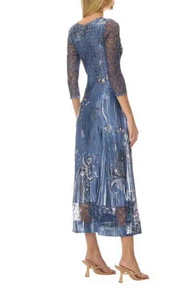Komarov Paisley Charmuese Dress With Lace Sleeves In Blue