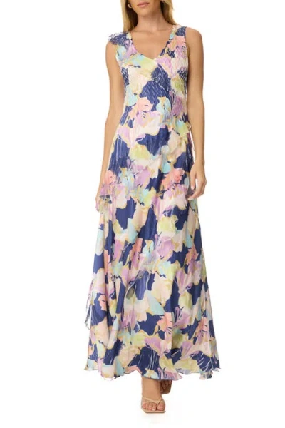 Komarov Ruffle Chiffon And Chrarmeuse Long Dress In Blue