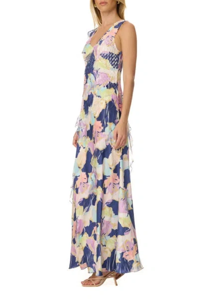 Komarov Ruffle Chiffon And Chrarmeuse Long Dress In Blue