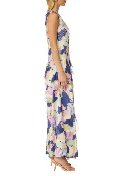 Komarov Ruffle Chiffon And Chrarmeuse Long Dress In Blue