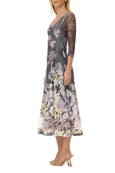 Komarov Floral Border Charmuese Dress With Lace Sleeves In Multi