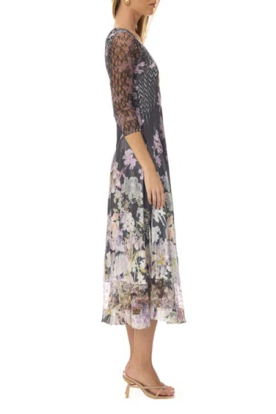 Komarov Floral Border Charmuese Dress With Lace Sleeves In Multi