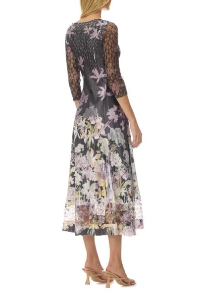 Komarov Floral Border Charmuese Dress With Lace Sleeves In Multi