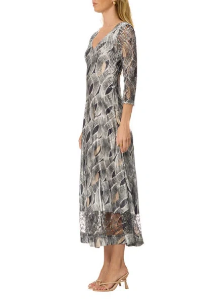 Komarov Geometric Charmuese Dress With Lace Sleeves In Gray