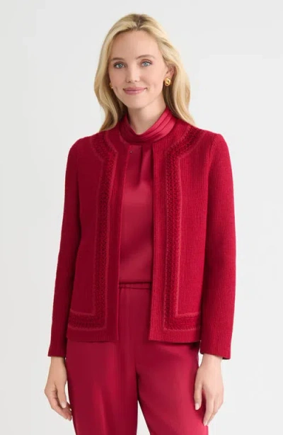 Misook Hertiage Tonal Crochet Trim Knit Jacket In Red
