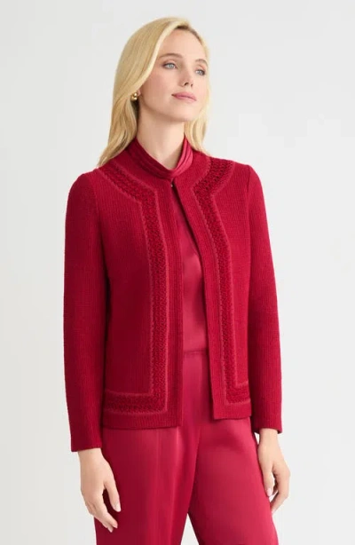 Misook Hertiage Tonal Crochet Trim Knit Jacket In Red