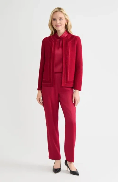 Misook Hertiage Tonal Crochet Trim Knit Jacket In Red