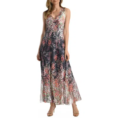 Komarov Floral Border Long Dress With Lace Up Back Detail In Multi