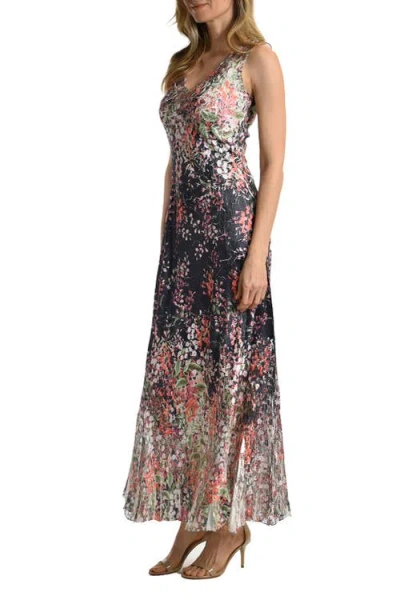 Komarov Floral Border Long Dress With Lace Up Back Detail In Multi