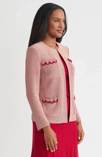 Misook Hertiage Lurex Ring Trim Knit Jacket In Pink