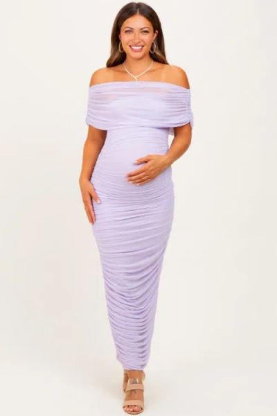 Pinkblush Ruched Mesh Foldover Off Shoulder Maxi Dress In Purple