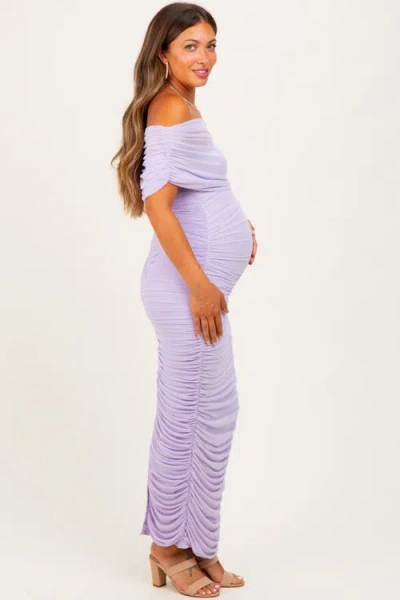 Pinkblush Ruched Mesh Foldover Off Shoulder Maxi Dress In Purple