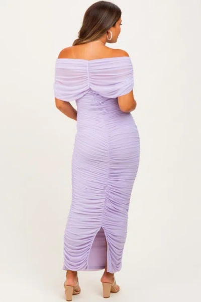 Pinkblush Ruched Mesh Foldover Off Shoulder Maxi Dress In Purple