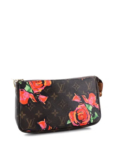Pre-owned Louis Vuitton Pochette Accessoires Limited Edition Monogram Roses Shoulder Bag In Brown
