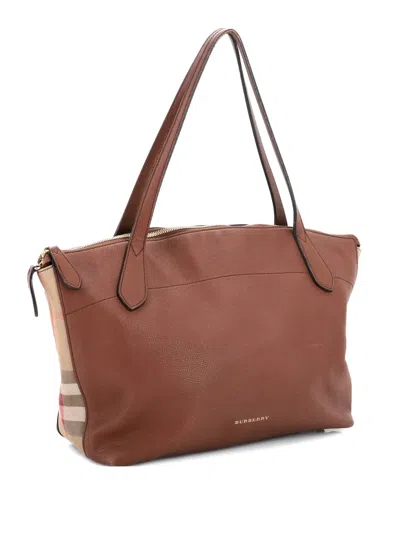 Pre-owned Burberry Welburn Leather And House Check Canvas Medium Tote Bag In Brown