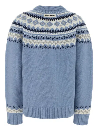 Miu Miu Wool Oversized Sweater Crew Neck Pattern In Blue
