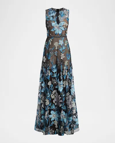Bronx And Banco Arielle Sleeveless Sheer Floral Embroidered Gown In Multi