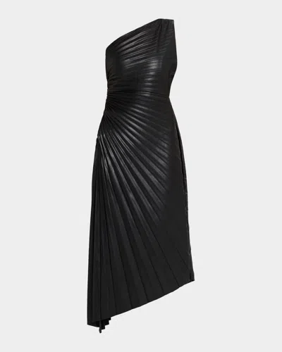 One33 Social Asymmetric Pleated Faux Leather Midi Dress In Black