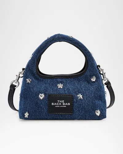 Marc Jacobs The Mini Icon Stud Denim Micro Crossbody Sack Bag In Blue