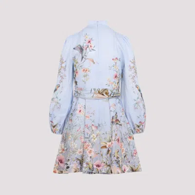 Zimmermann Rebellion Multicolor Midi Dress With Bow Detail On The Front And All-over Floral Print In Linen Woma In Blue