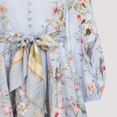 Zimmermann Rebellion Multicolor Midi Dress With Bow Detail On The Front And All-over Floral Print In Linen Woma In Blue