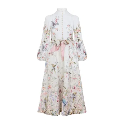 Zimmermann Rebellion Multicolor Midi Dress With Bow Detail On The Front And All-over Floral Print In Linen Woma In Multi