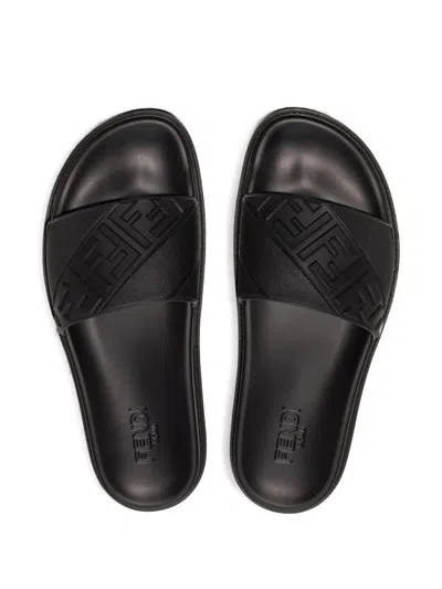 Fendi Rubber Slides With High Strap And Embossed Ff Motif Shoes In Black