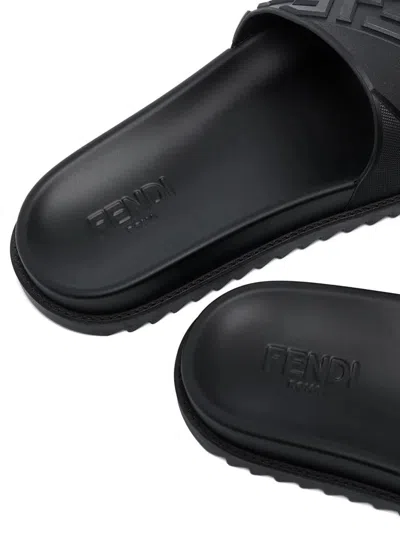 Fendi Rubber Slides With High Strap And Embossed Ff Motif Shoes In Black