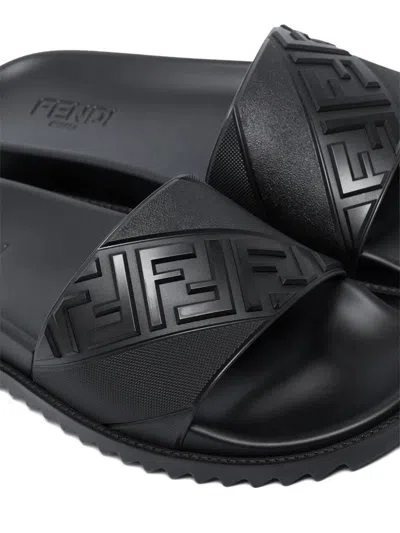 Fendi Rubber Slides With High Strap And Embossed Ff Motif Shoes In Black