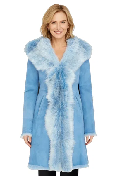 Infinity Leather Womens Blue Toscana Real Sheep Leather Suede Hooded Trench Coat - Isola In Blue