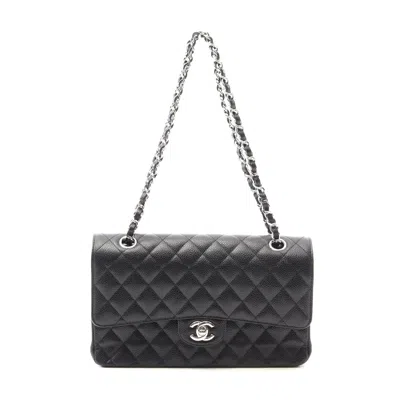 Pre-owned Chanel Caviar Skin Matelasse W Flap Shoulder Bag In Black