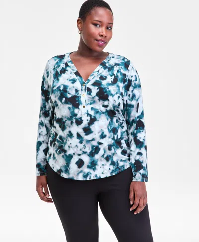 Inc International Concepts Plus Size Printed Half-placket Shirt, Macy's Exclusive In Blue