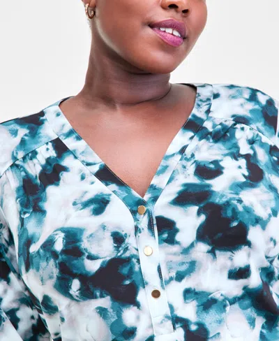 Inc International Concepts Plus Size Printed Half-placket Shirt, Macy's Exclusive In Blue