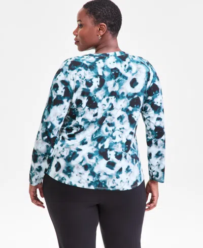 Inc International Concepts Plus Size Printed Half-placket Shirt, Macy's Exclusive In Blue