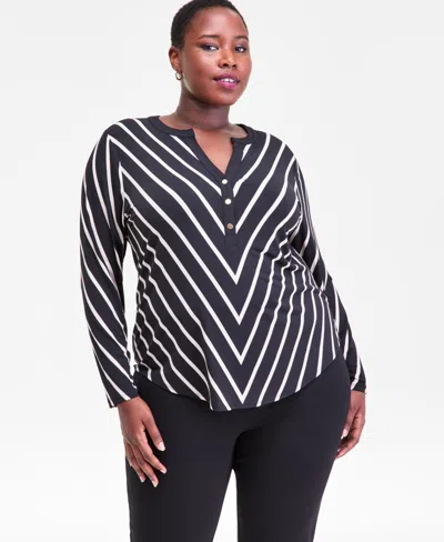 Inc International Concepts Plus Size Mitered Stripe Half-placket Shirt, Macy's Exclusive In Blue